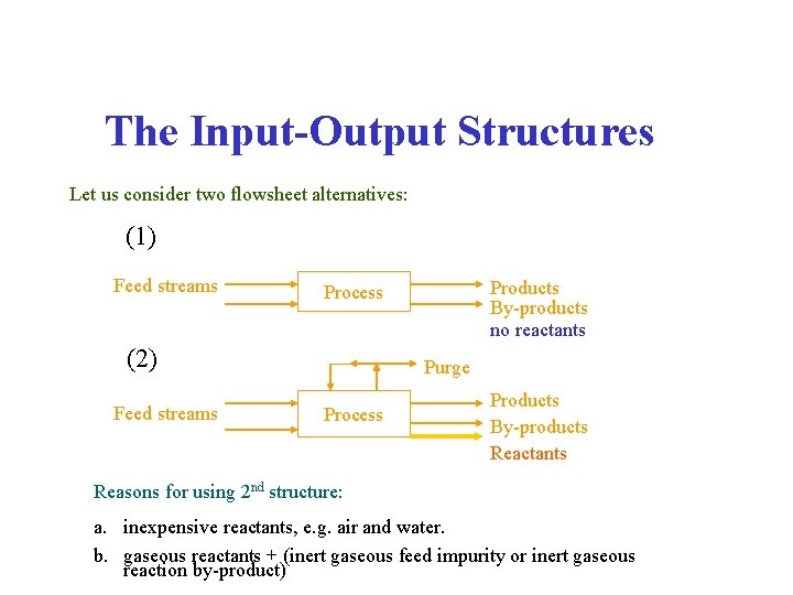 The Input-Output Structures Let us consider two flowsheet alternatives: (1) Feed streams (2) Feed The Input-Output Structures Let us consider two flowsheet alternatives: (1) Feed streams (2) Feed