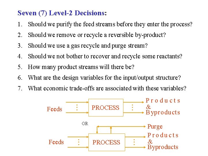 Seven (7) Level-2 Decisions: 1. Should we purify the feed streams before they enter Seven (7) Level-2 Decisions: 1. Should we purify the feed streams before they enter