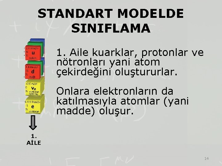 STANDART MODELDE SINIFLAMA 1. Aile kuarklar, protonlar ve nötronları yani atom çekirdeğini oluştururlar. Onlara