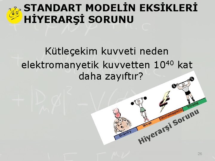 STANDART MODELİN EKSİKLERİ HİYERARŞİ SORUNU Kütleçekim kuvveti neden elektromanyetik kuvvetten 1040 kat daha zayıftır?