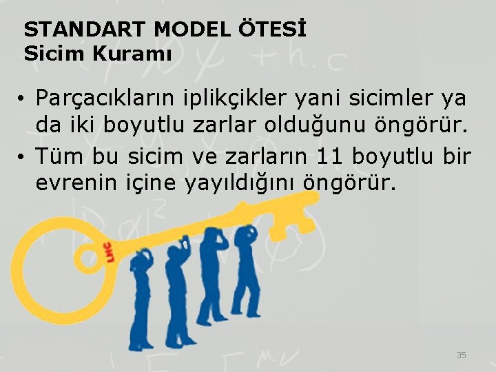 STANDART MODEL ÖTESİ Sicim Kuramı • Parçacıkların iplikçikler yani sicimler ya da iki boyutlu