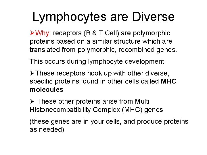 Lymphocytes are Diverse ØWhy: receptors (B & T Cell) are polymorphic proteins based on