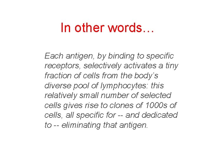 In other words… Each antigen, by binding to specific receptors, selectively activates a tiny