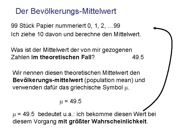 Der Bevölkerungs-Mittelwert 99 Stück Papier nummeriert 0, 1, 2, … 99 Ich ziehe 10