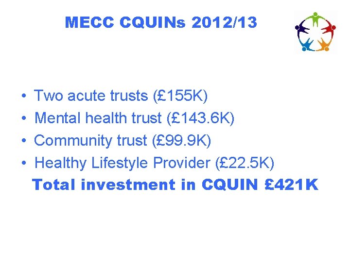MECC CQUINs 2012/13 • • Two acute trusts (£ 155 K) Mental health trust