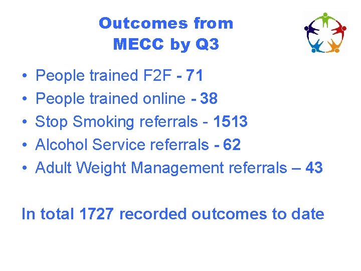 Outcomes from MECC by Q 3 • • • People trained F 2 F