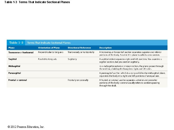 Table 1 -3 Terms That Indicate Sectional Planes © 2012 Pearson Education, Inc. 