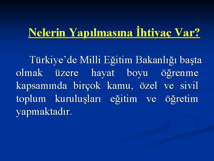 Nelerin Yapılmasına İhtiyaç Var? Türkiye’de Milli Eğitim Bakanlığı başta olmak üzere hayat boyu öğrenme