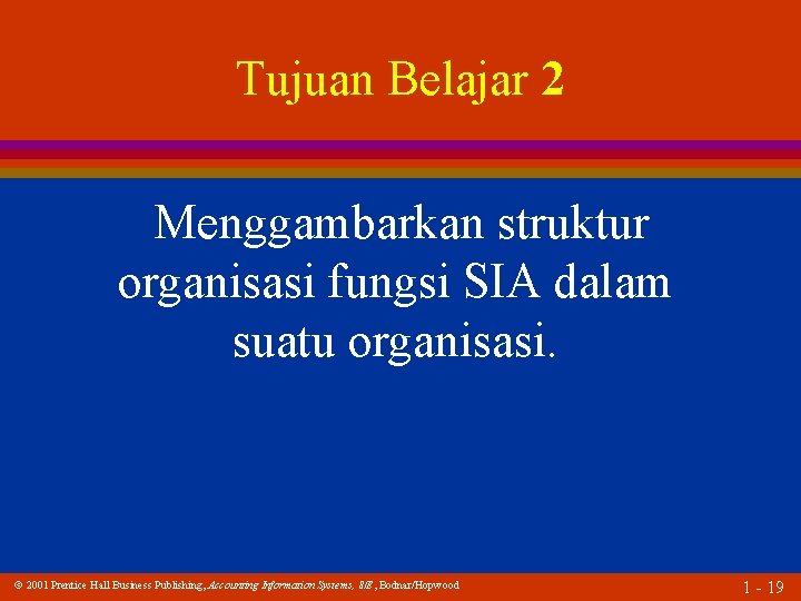 Tujuan Belajar 2 Menggambarkan struktur organisasi fungsi SIA dalam suatu organisasi. 2001 Prentice Hall