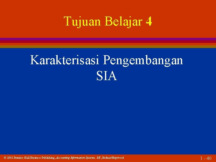 Tujuan Belajar 4 Karakterisasi Pengembangan SIA 2001 Prentice Hall Business Publishing, Accounting Information Systems,