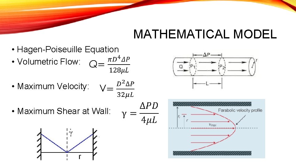 MATHEMATICAL MODEL • Hagen-Poiseuille Equation • Volumetric Flow: • Maximum Velocity: • Maximum Shear