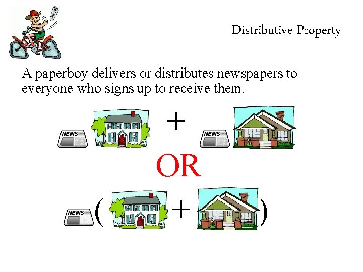 Distributive Property A paperboy delivers or distributes newspapers to everyone who signs up to