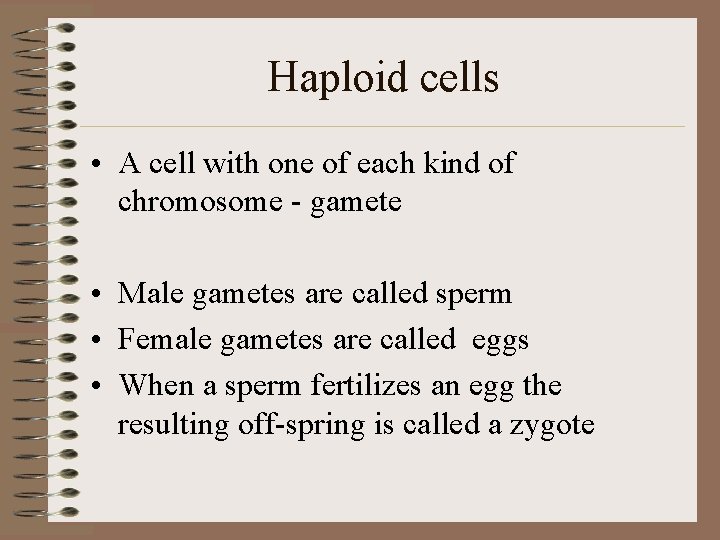 Haploid cells • A cell with one of each kind of chromosome - gamete
