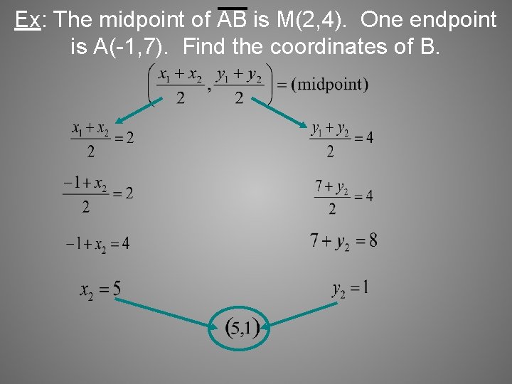 Ex: The midpoint of AB is M(2, 4). One endpoint is A(-1, 7). Find