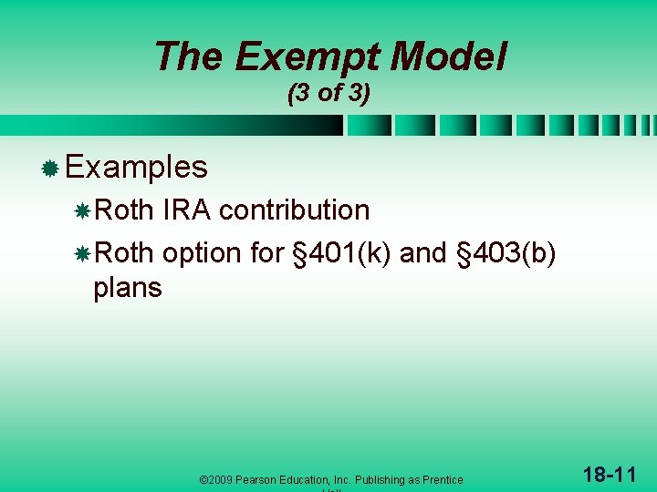 The Exempt Model (3 of 3) ® Examples Roth IRA contribution Roth option for