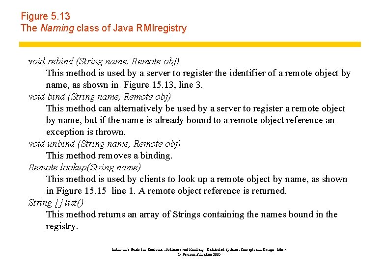 Figure 5. 13 The Naming class of Java RMIregistry void rebind (String name, Remote