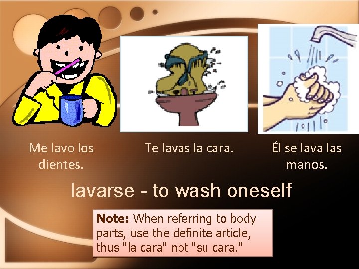 Me lavo los dientes. Te lavas la cara. Él se lava las manos. lavarse