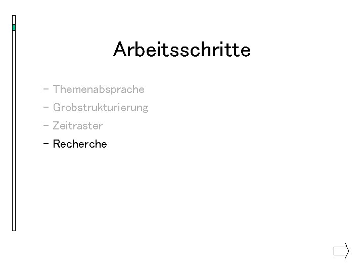 Arbeitsschritte - Themenabsprache - Grobstrukturierung - Zeitraster - Recherche 