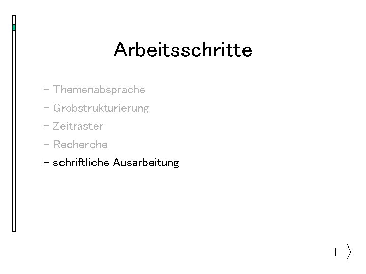 Arbeitsschritte - Themenabsprache - Grobstrukturierung - Zeitraster - Recherche - schriftliche Ausarbeitung 