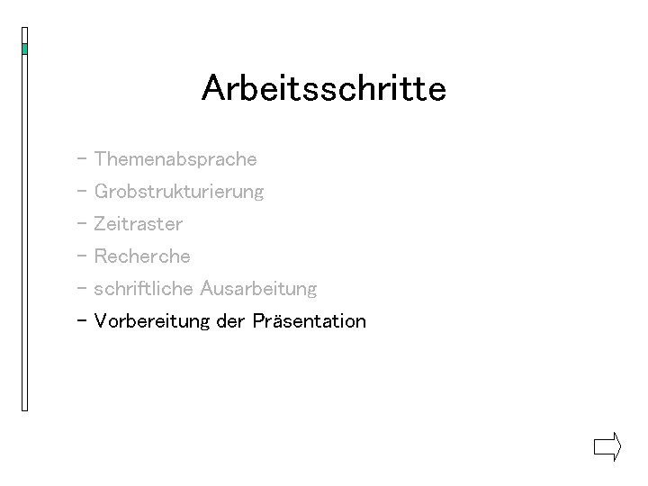 Arbeitsschritte - Themenabsprache - Grobstrukturierung - Zeitraster - Recherche - schriftliche Ausarbeitung - Vorbereitung