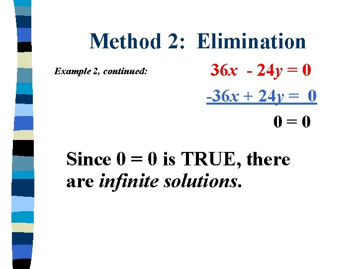 Method 2: Elimination Example 2, continued: 36 x - 24 y = 0 -36