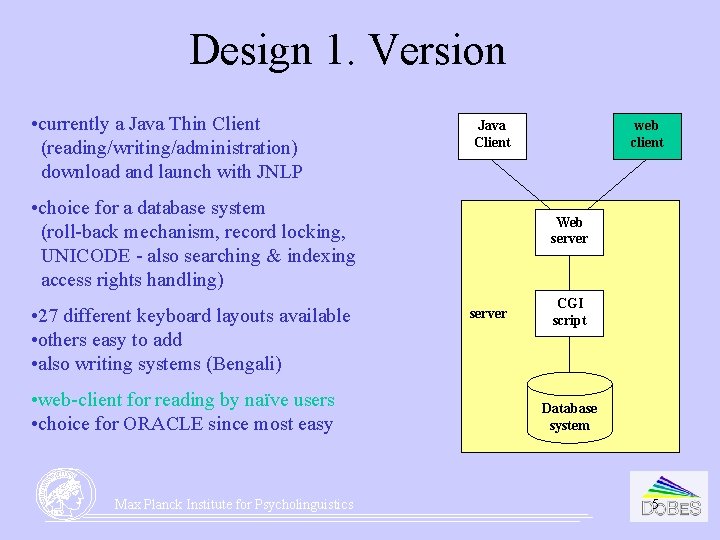 Design 1. Version • currently a Java Thin Client (reading/writing/administration) download and launch with Design 1. Version • currently a Java Thin Client (reading/writing/administration) download and launch with