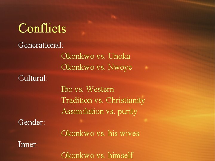 Conflicts Generational: Okonkwo vs. Unoka Okonkwo vs. Nwoye Cultural: Ibo vs. Western Tradition vs.