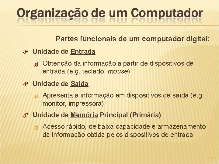 Partes funcionais de um computador digital: Unidade de Entrada Obtenção da informação a partir