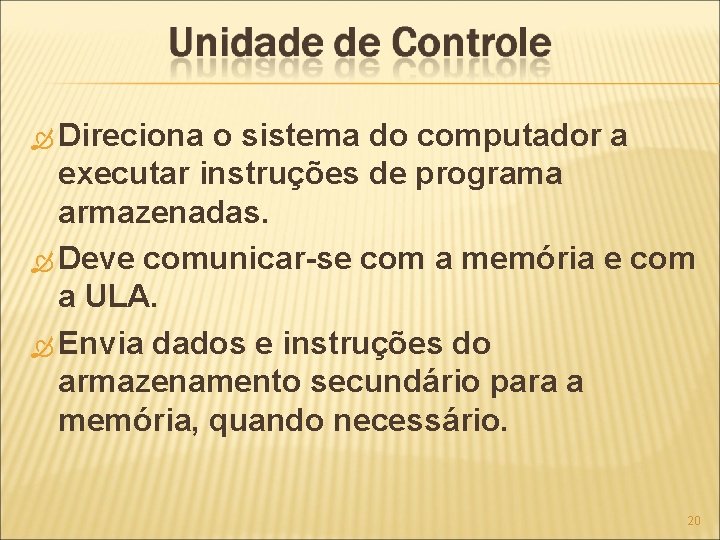  Direciona o sistema do computador a executar instruções de programa armazenadas. Deve comunicar-se