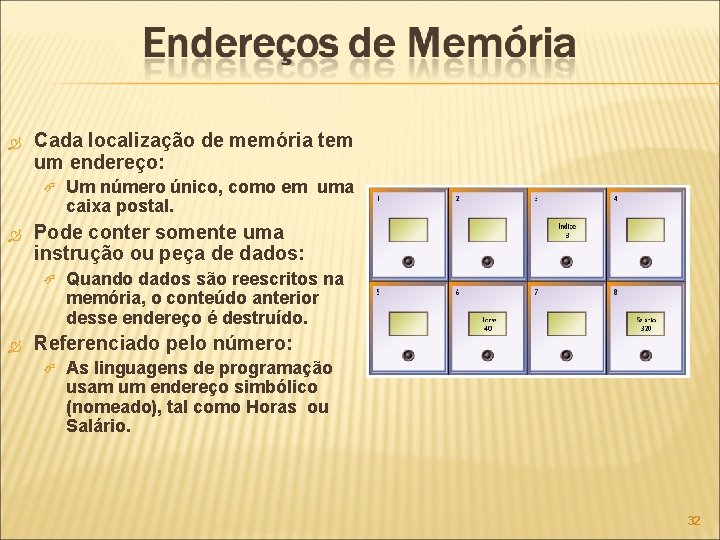  Cada localização de memória tem um endereço: Pode conter somente uma instrução ou