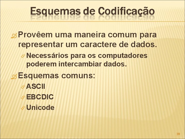  Provêem uma maneira comum para representar um caractere de dados. Necessários para os