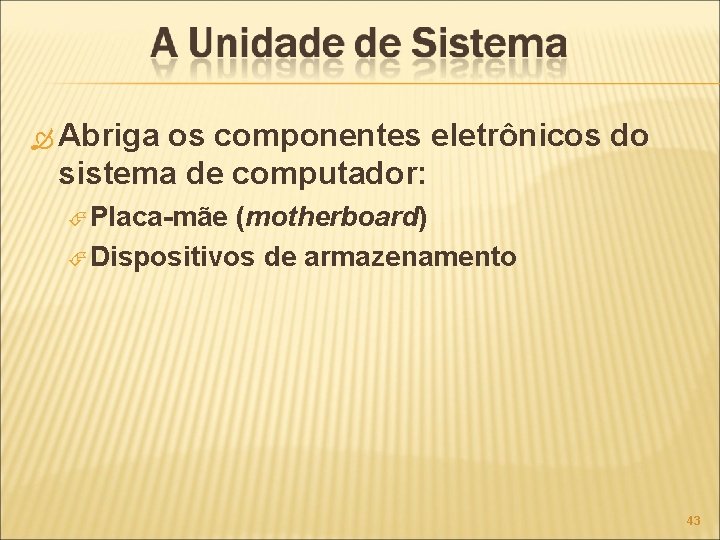 Abriga os componentes eletrônicos do sistema de computador: Placa-mãe (motherboard) Dispositivos de armazenamento