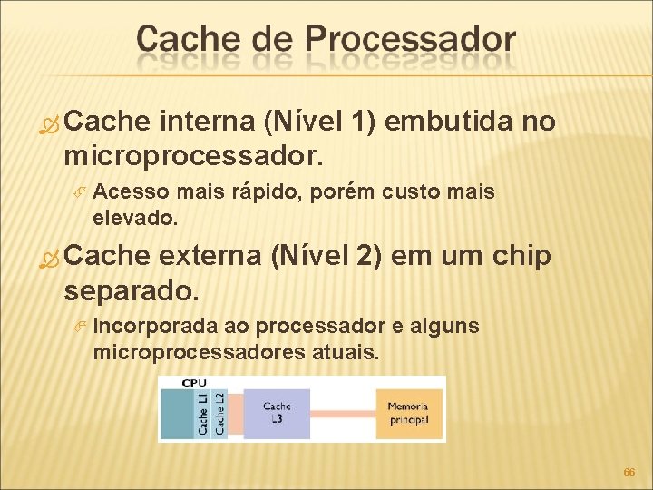  Cache interna (Nível 1) embutida no microprocessador. Acesso mais rápido, porém custo mais