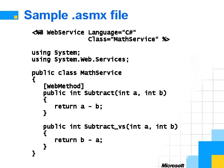 Sample. asmx file <%@ Web. Service Language=“C#“ Class=“Math. Service“ %> using System; using System.