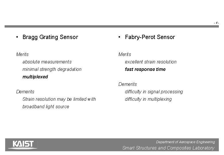 -4 - • Bragg Grating Sensor • Fabry-Perot Sensor Merits absolute measurements excellent strain