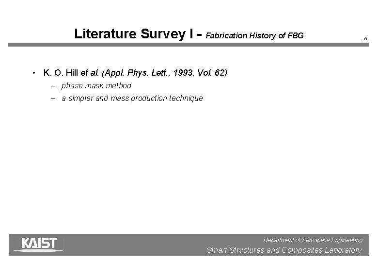 Literature Survey I - Fabrication History of FBG -5 - • K. O. Hill