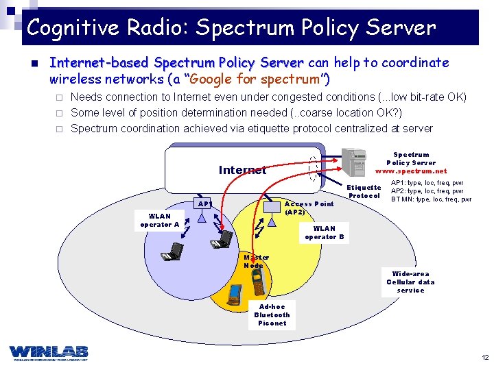 Cognitive Radio: Spectrum Policy Server n Internet-based Spectrum Policy Server can help to coordinate