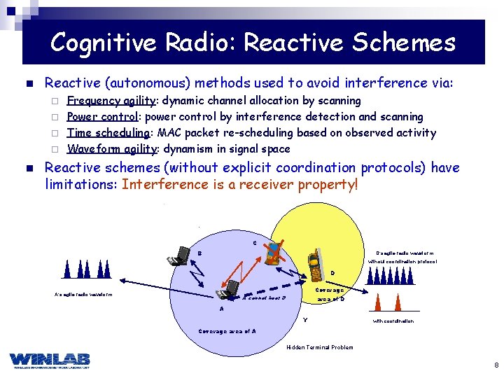 Cognitive Radio: Reactive Schemes n Reactive (autonomous) methods used to avoid interference via: Frequency