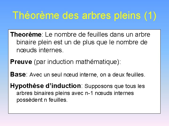 Théorème des arbres pleins (1) Theorème: Le nombre de feuilles dans un arbre binaire
