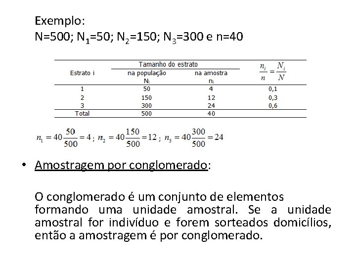 Exemplo: N=500; N 1=50; N 2=150; N 3=300 e n=40 • Amostragem por conglomerado: