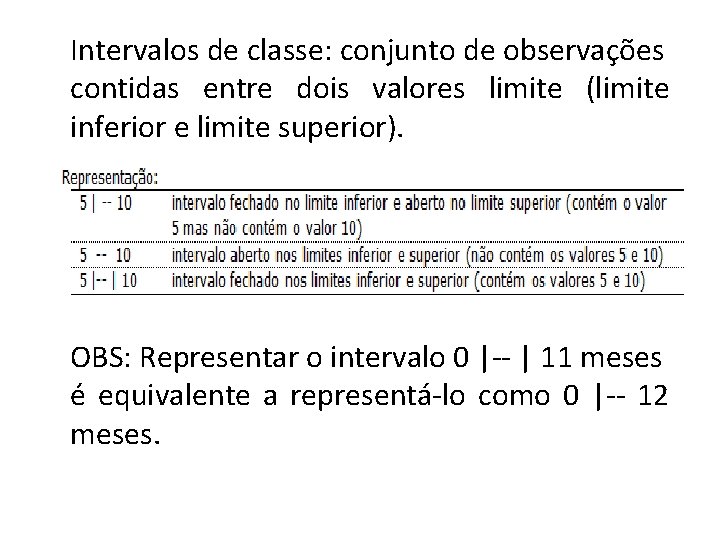 Intervalos de classe: conjunto de observações contidas entre dois valores limite (limite inferior e