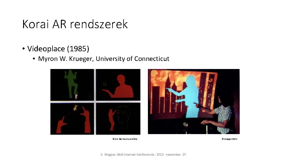 Korai AR rendszerek • Videoplace (1985) • Myron W. Krueger, University of Connecticut ©