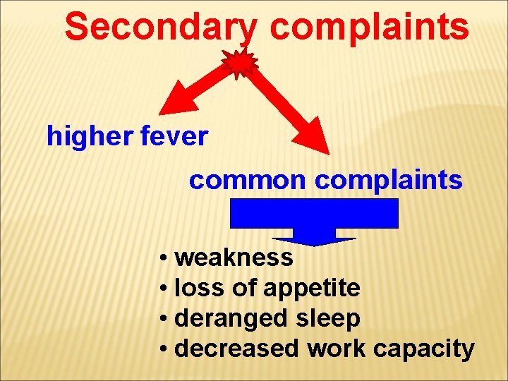 Secondary complaints higher fever common complaints • weakness • loss of appetite • deranged