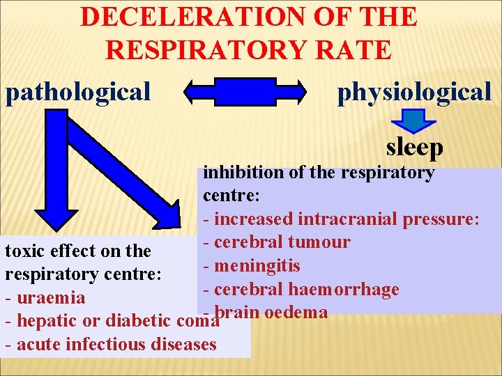 DECELERATION OF THE RESPIRATORY RATE pathological physiological sleep inhibition of the respiratory centre: -