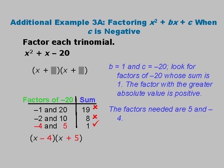 Additional Example 3 A: Factoring x 2 + bx + c When c is