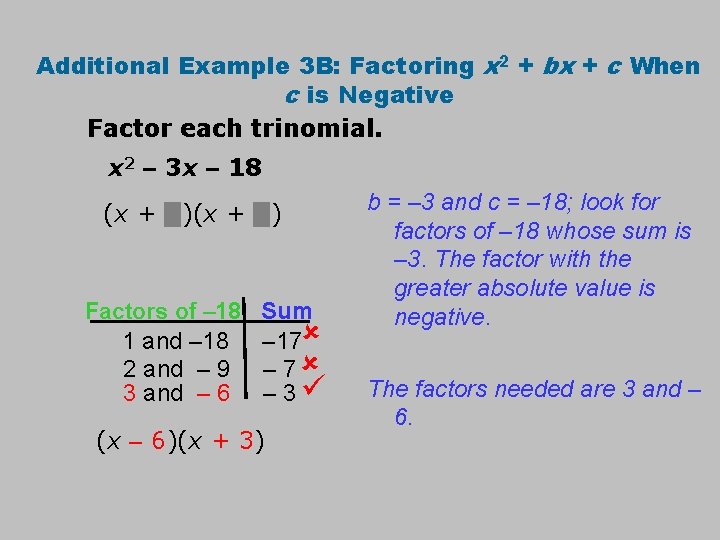 Additional Example 3 B: Factoring x 2 + bx + c When c is
