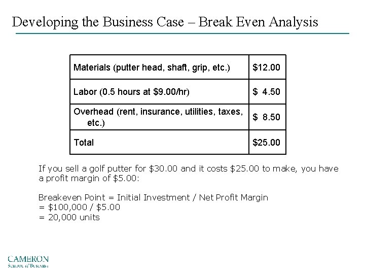 Developing the Business Case – Break Even Analysis Materials (putter head, shaft, grip, etc.