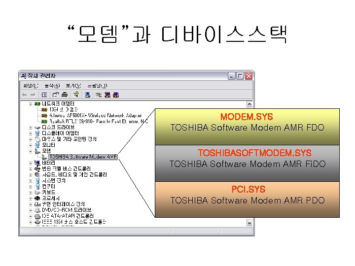 “모뎀”과 디바이스스택 MODEM. SYS TOSHIBA Software Modem AMR FDO TOSHIBASOFTMODEM. SYS TOSHIBA Software Modem