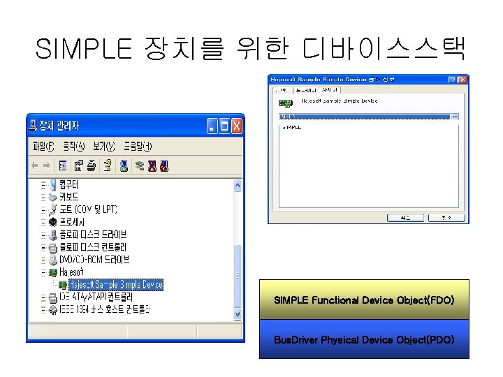 SIMPLE 장치를 위한 디바이스스택 SIMPLE Functional Device Object(FDO) Bus. Driver Physical Device Object(PDO) 