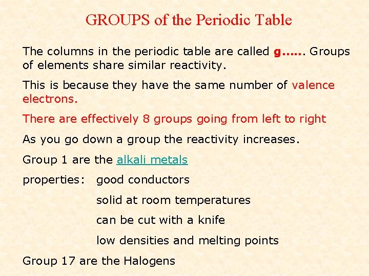 GROUPS of the Periodic Table The columns in the periodic table are called g….